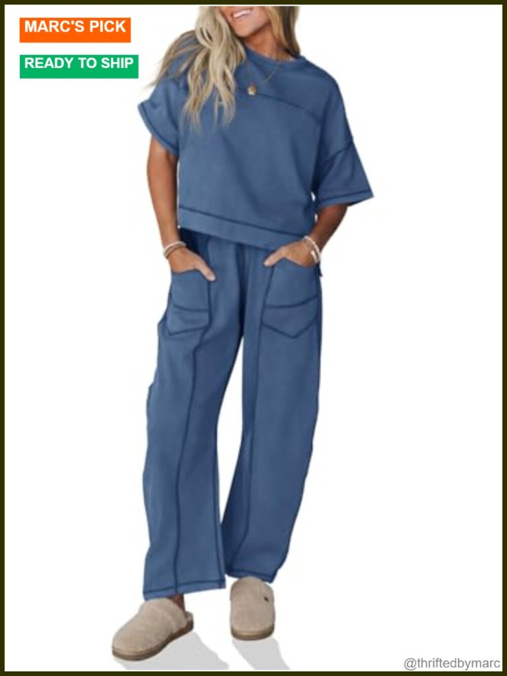 Womens 2 Piece Lounge Set Short Sleeve Top Wide Leg Pants Cotton Blend Travel